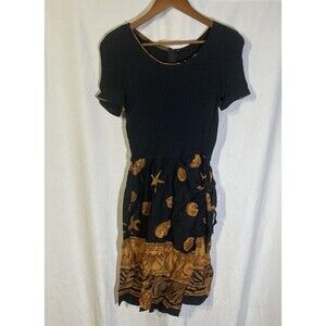 JEFFREY & DARA black gold sea shells smocked faux wrap rayon lycra dress 10P